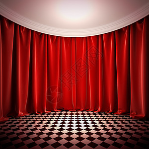 有红窗帘的空厅背景图片