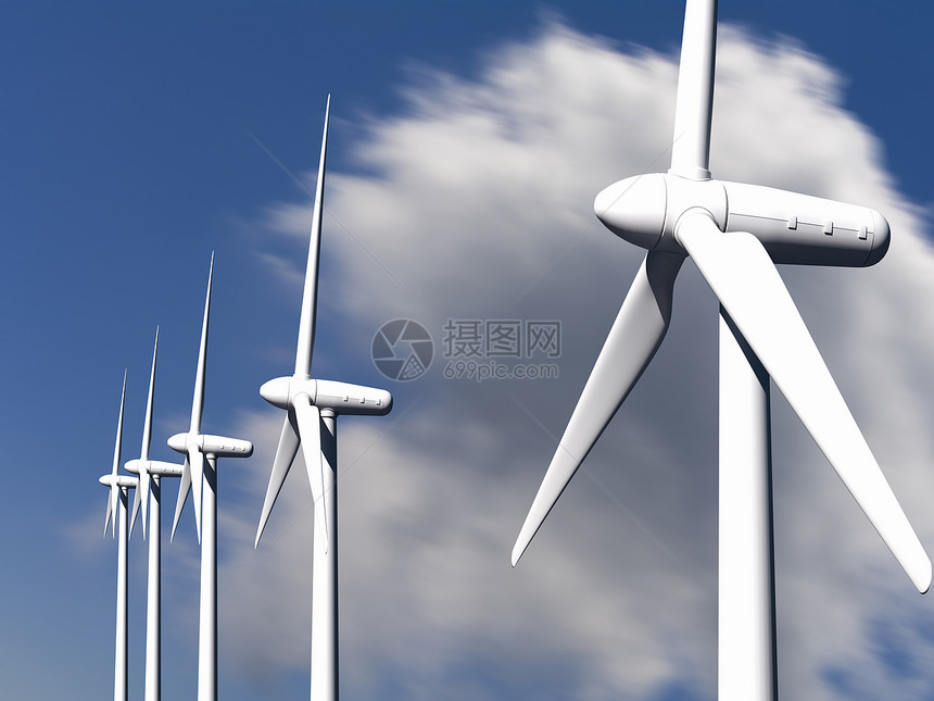 风力涡轮机 背景为天空和云彩力量涡轮发电机蓝色环境风车活力转子图片