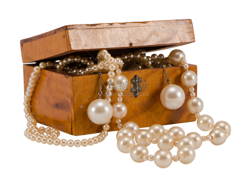 珍珠珠首饰链复古木盒隔离图片