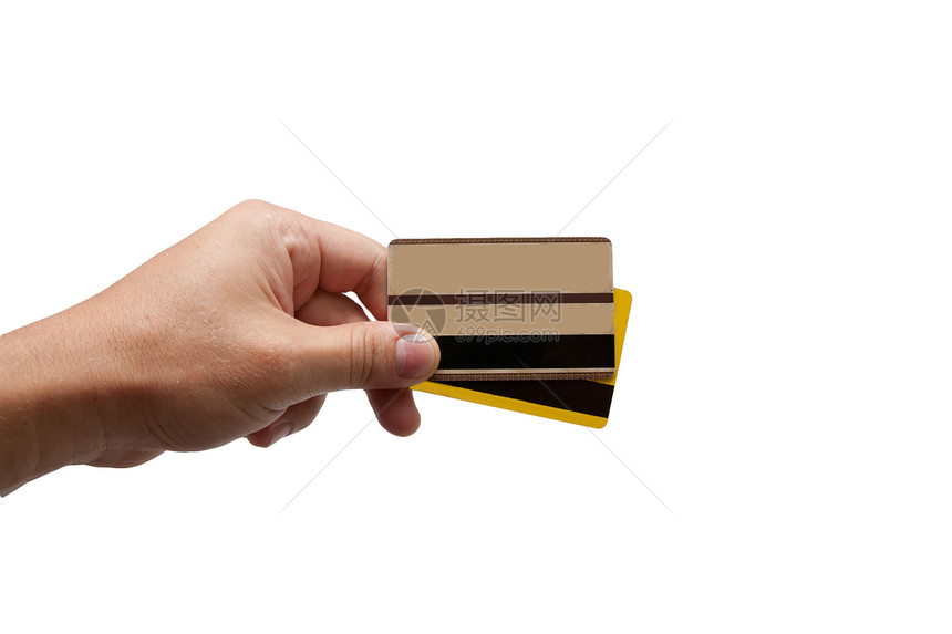 手持两张信用卡 在白色背景上被孤立图片