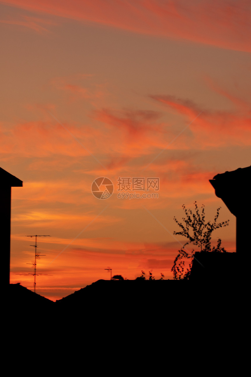 日落天空天际房子商业生活太阳橙子阳光景观建筑学图片