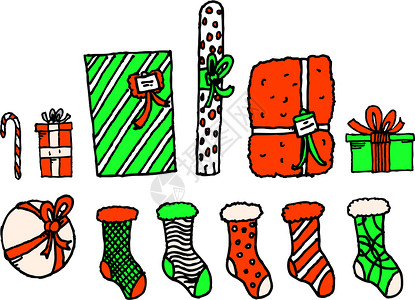 圣诞礼物礼物包装纸卡通片记号绿色红色短袜盒子背景图片
