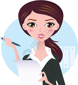 商务秘书年轻商业女青年 用钢笔孤立在白色上设计图片