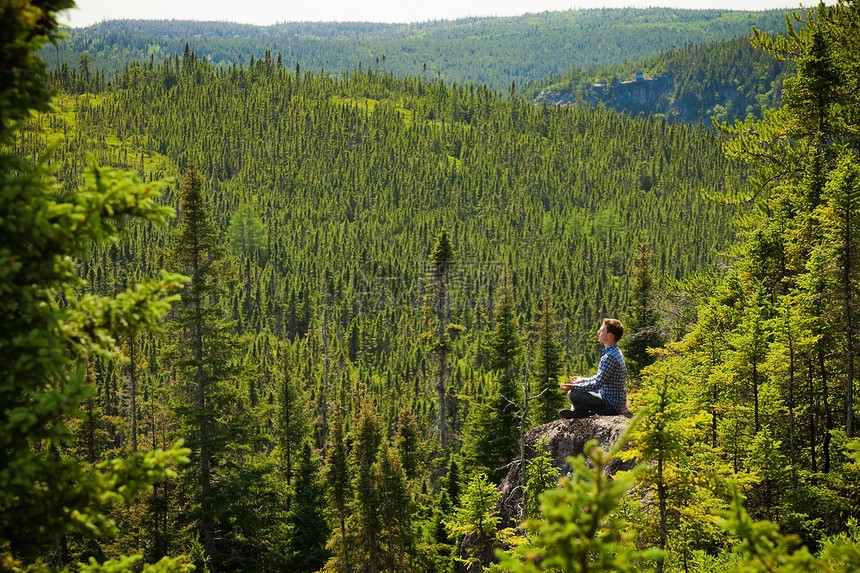年轻人在大自然中间的岩石上树木森林悬崖孤独闲暇旅游季节首脑全景男性图片