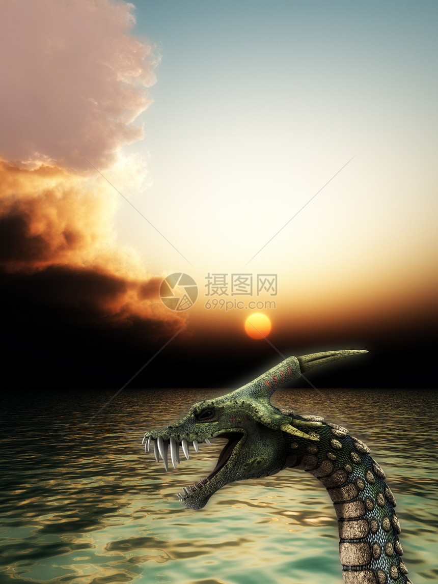 海蛇怪液体日落怪物脊柱太阳生物牙齿尖刺天空游泳图片