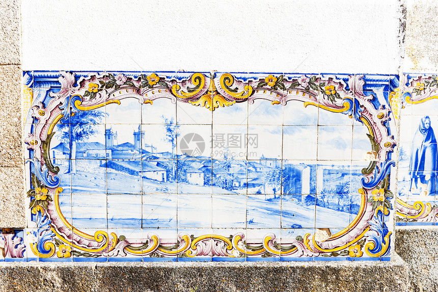葡萄牙火车站的瓷砖azulejos装饰绘画艺术外观蓝色图片