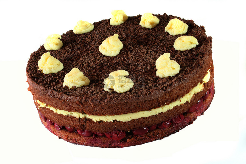 巧克力蛋糕加酸樱桃和布丁喝咖啡白色糖果面包糕点布丁食品蛋糕奶油甜点图片