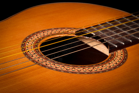 古典吉他特写在黑暗中木头背景音乐字符串乐器深色尼龙背景图片