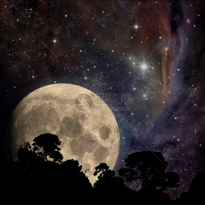 月亮树木月球天空辉光星星图片
