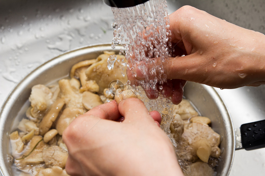 蘑菇被水冲洗白色疔疮食物厨房肉汤勺子食谱膀胱平底锅滤器图片