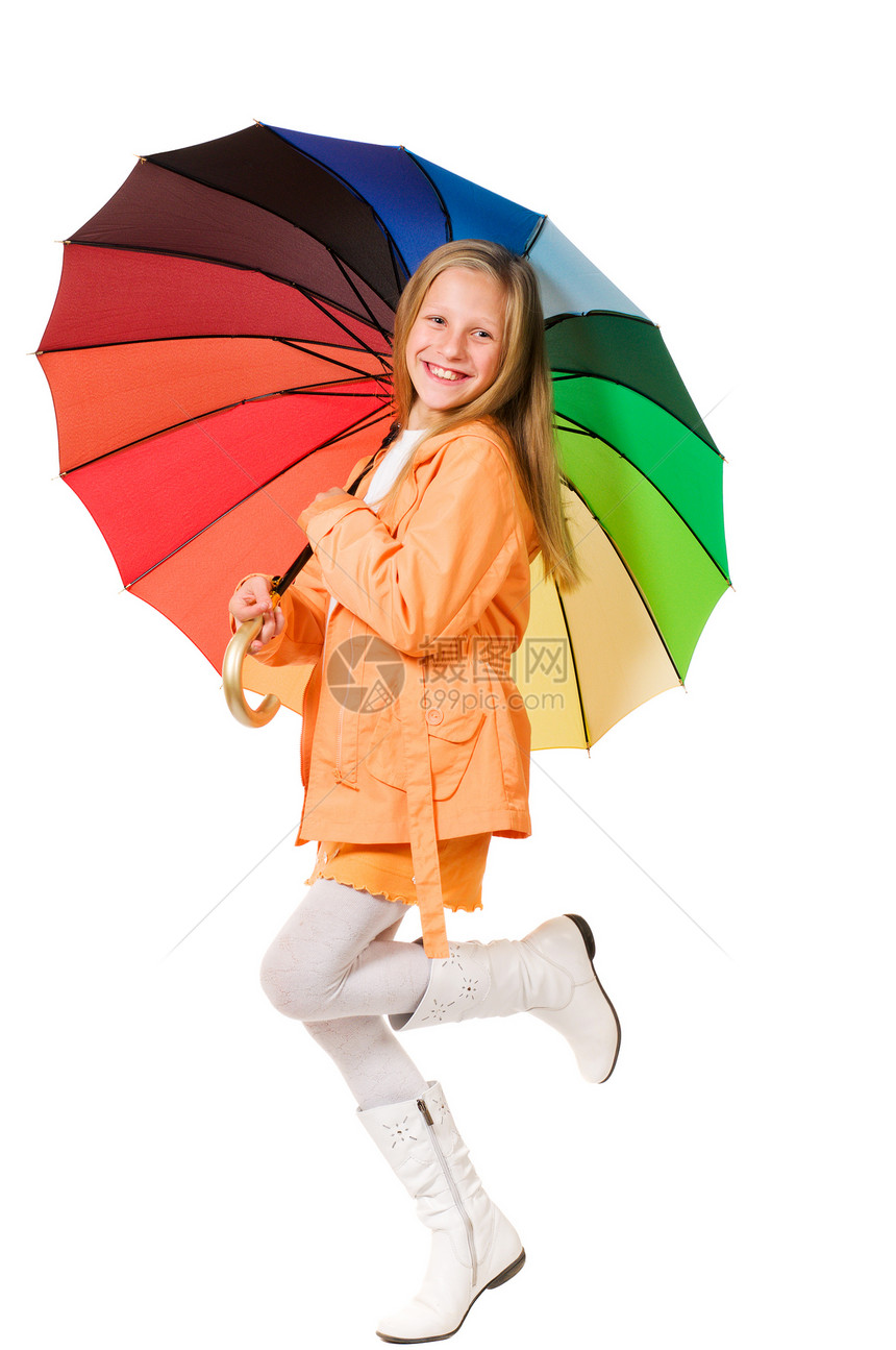 带伞的女孩头发快乐喜悦风暴女孩们金发天气孩子雨衣阳伞图片