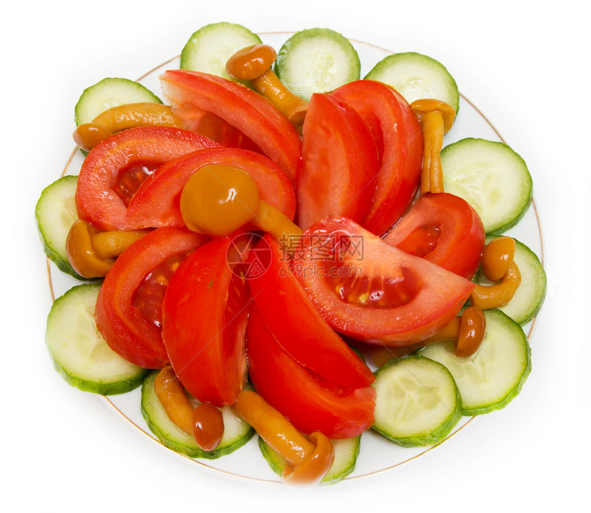 番茄 蘑菇和黄瓜沙拉红色蘑菇重量美食蔬菜餐厅食物白色绿色饮食图片