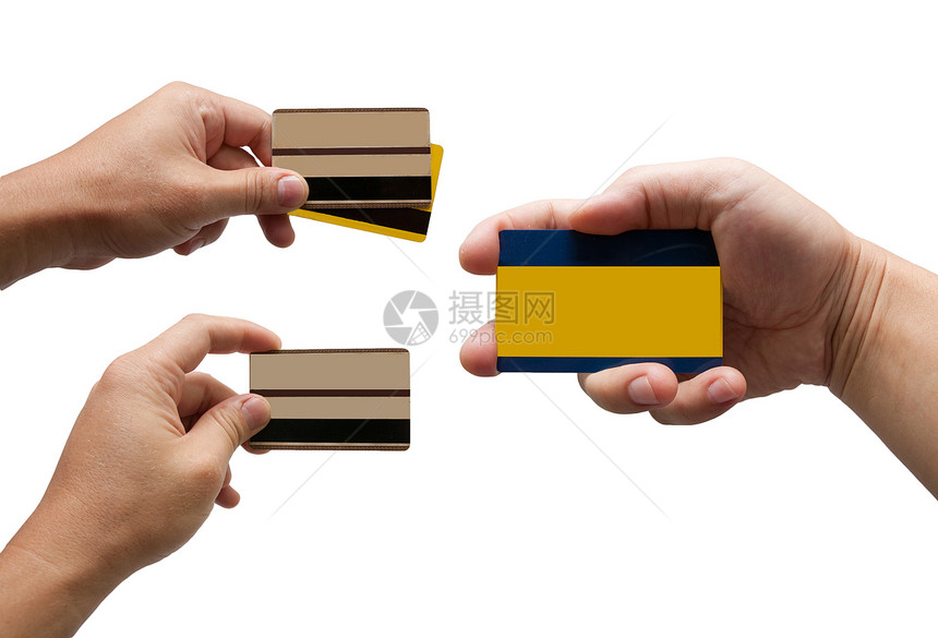 手持信用卡中白背景孤立的信用卡空白速度金融支付皮革手指交换塑料白色数字图片