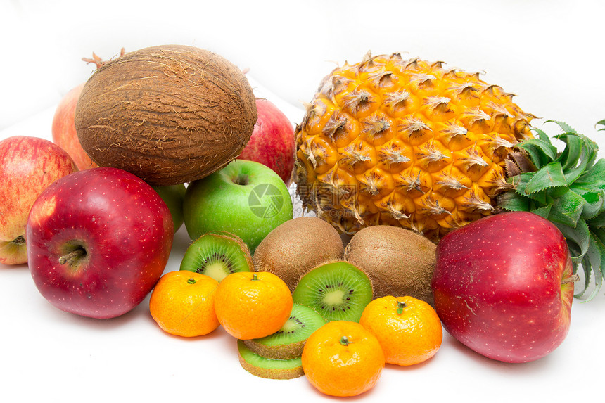 白色背景的蔬菜和果实水果菠萝香气坚果可可皮肤奇异果橙子石榴石食物图片