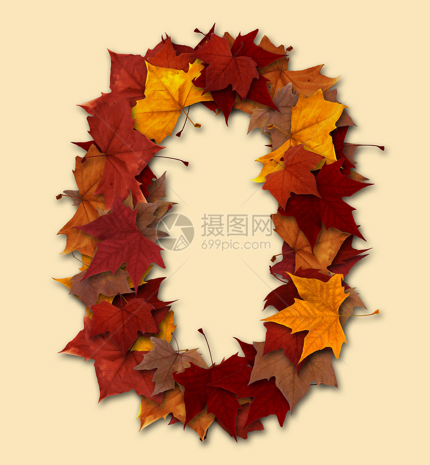孤立的多色秋叶构成零数 0季节叶子收藏教育红色金子数字学校树叶植物群图片