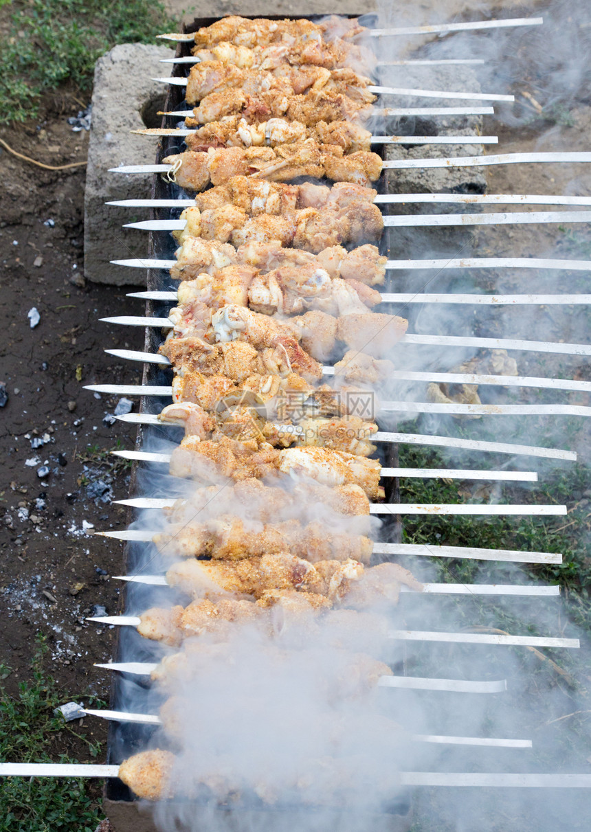 烧烤烹饪派对猪肉食物牛扒绿色野餐炙烤煤炭图片