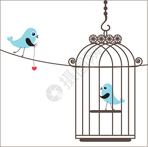 鸟笼中可爱的爱鸟墙纸卡通片蓝色风格自由监狱花园环境装饰叶子背景图片