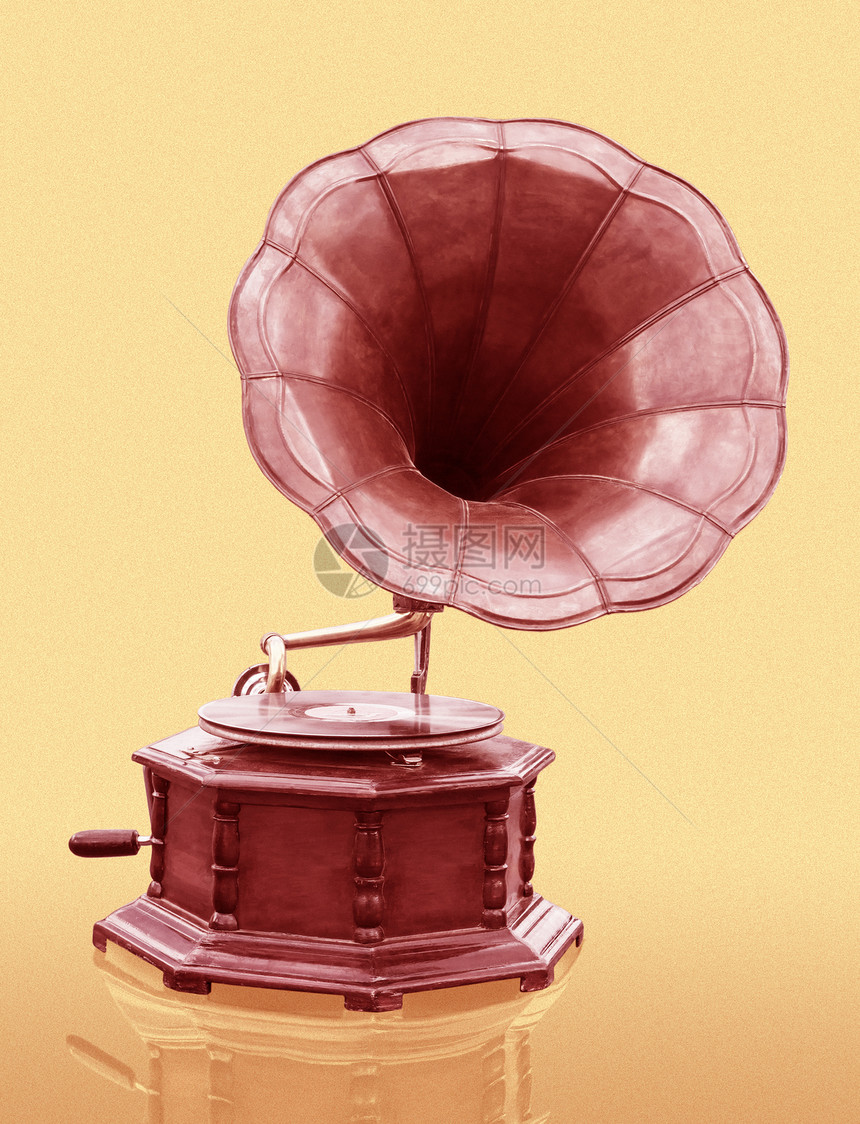 古老的说英语技术喇叭口留声机记录嗓音娱乐音乐磁盘黄铜扬声器图片