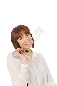 微笑的女人用耳机说话背景图片