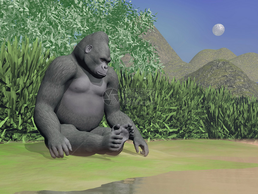 大猩猩在水边思考 - 3D转化图片