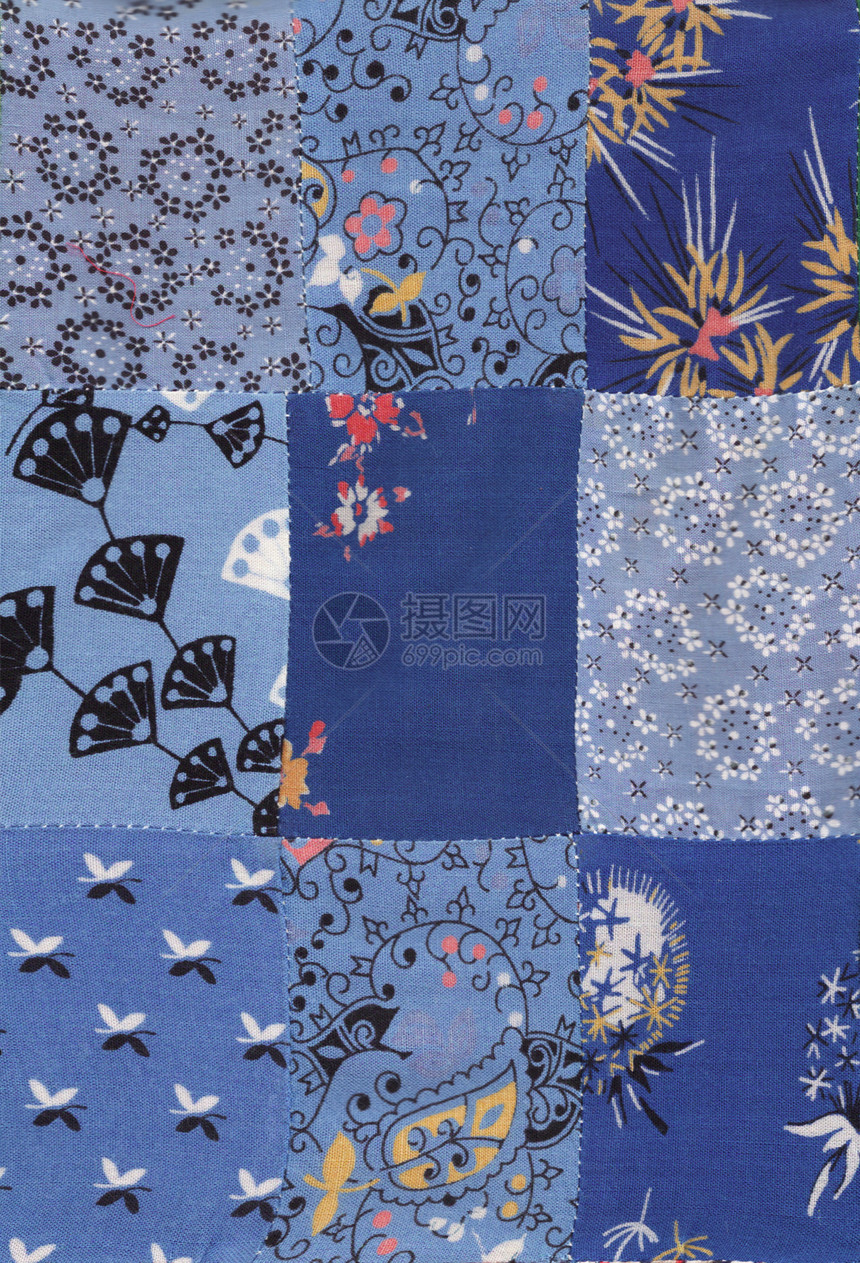 蓝色裁缝图案工艺被子棉布片断童年材料民间织物文化床单图片