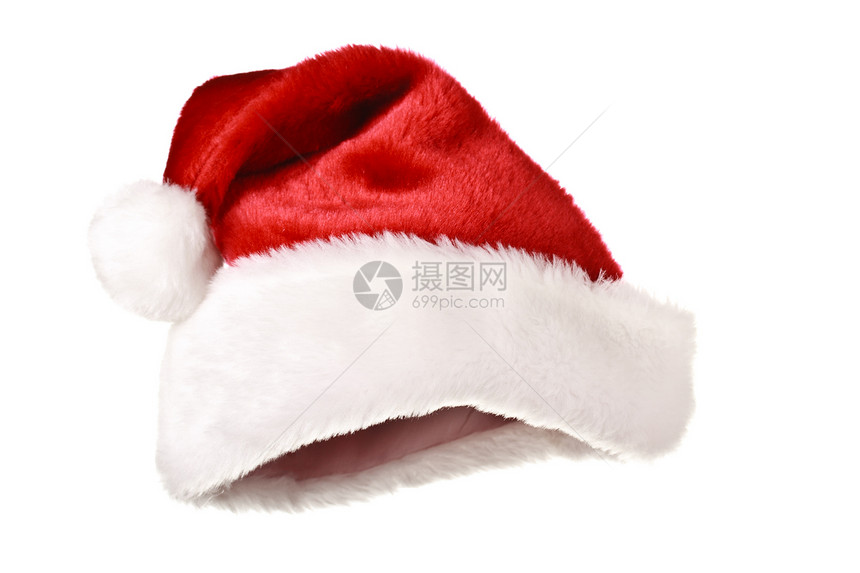 白色上孤立的圣诞老人帽子毛皮红色水平图片