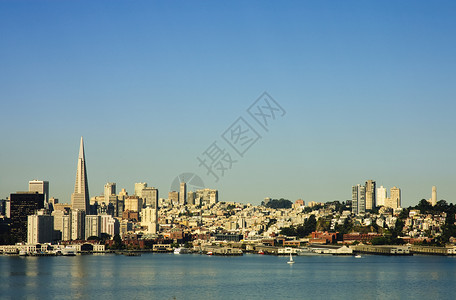 旧金山市风景办公室教会景观全景蓝色建筑学内河城市码头摩天大楼背景图片