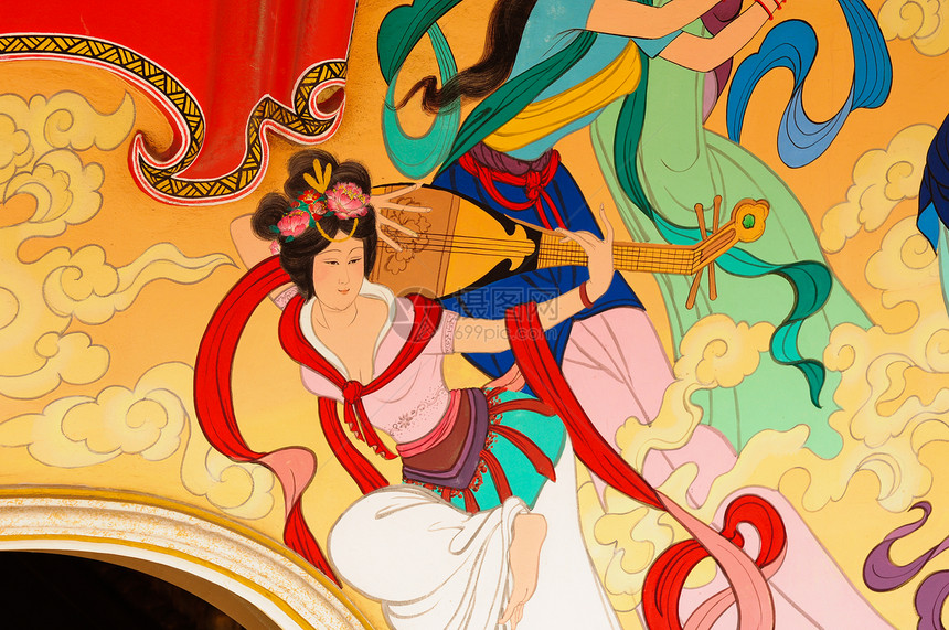 中国寺庙的中国传统绘画作品历史建筑学插图宗教艺术家红色建筑传奇旅游白色图片