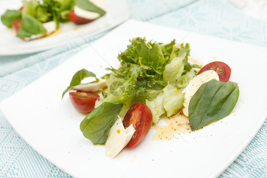 沙拉加马扎里拉 西红柿和巴西尔盘子蔬菜早餐白色美食食物小吃午餐红色青菜图片