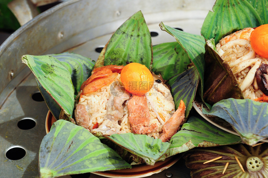 茶饭 莲叶里大米装饰树叶烹饪食物食谱叶子美食传统文化白色图片