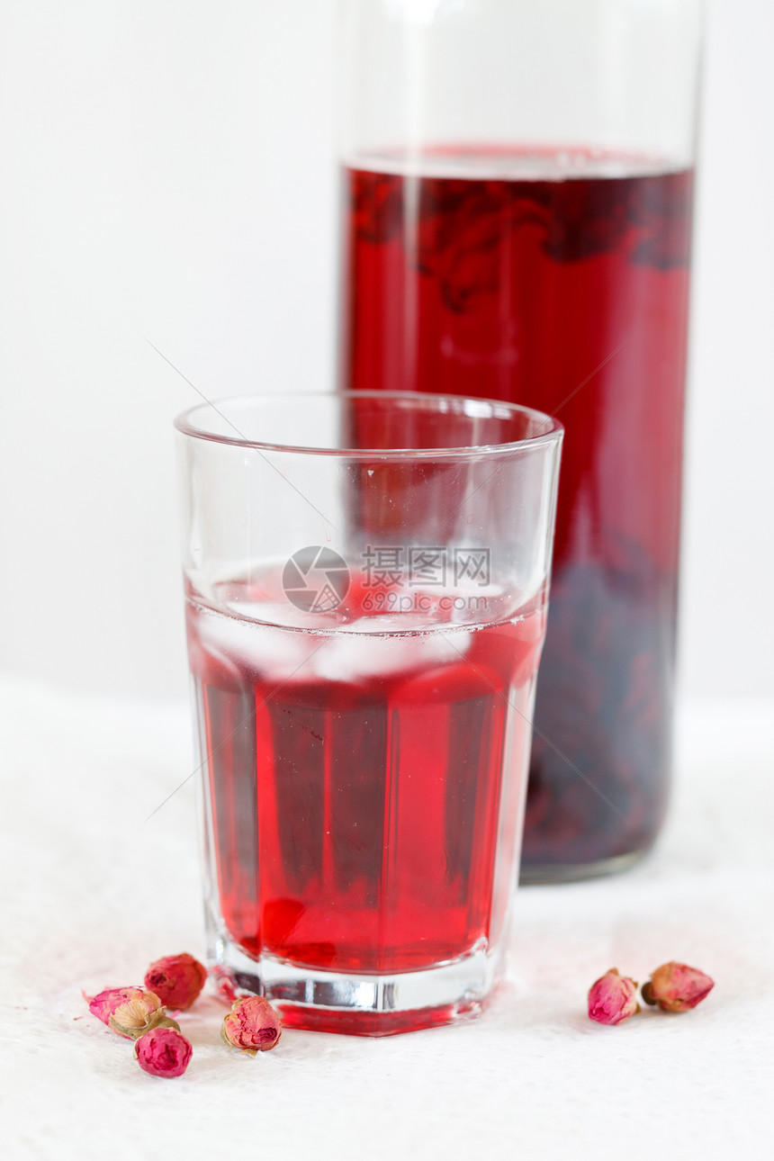 夏季木茶瓶子粉色木槿草本红色杯子玫瑰花萼玻璃酒精图片