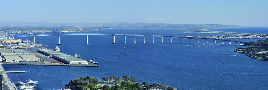 圣地亚哥蓝色水平旅行基地城市海军海景海洋全景钢桥高清图片
