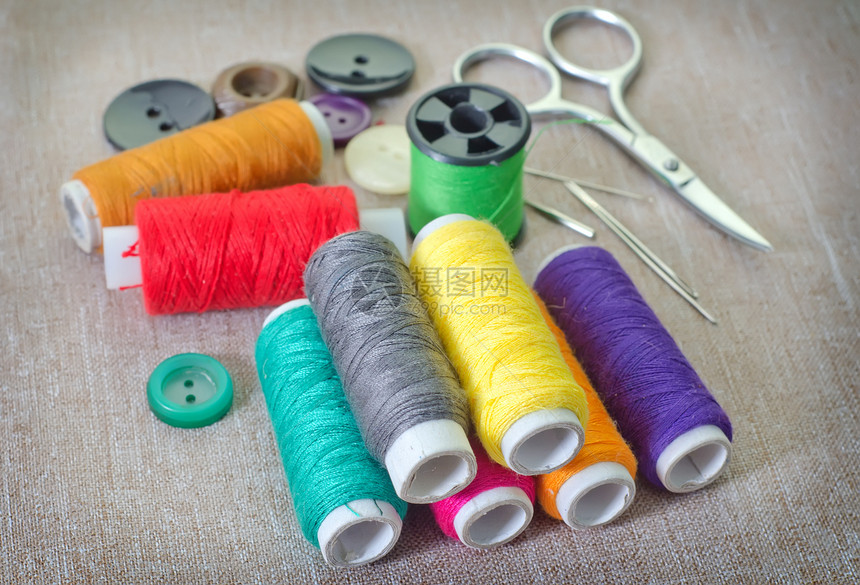 线程纺织品维修工作蓝色宏观工艺线圈筒管材料按钮图片