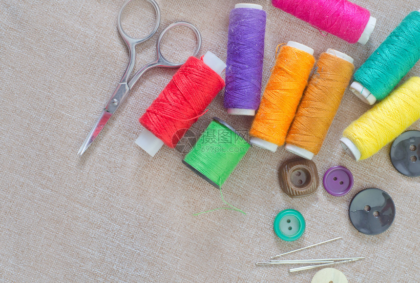 线程缝纫爱好维修按钮蓝色工艺纺织品裁缝棉布卷轴图片