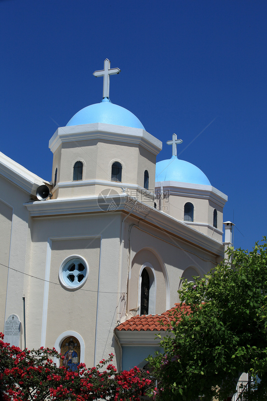 科斯镇教堂教会入口马赛克门户网站天炉窗户蓝色宗教圆顶图片