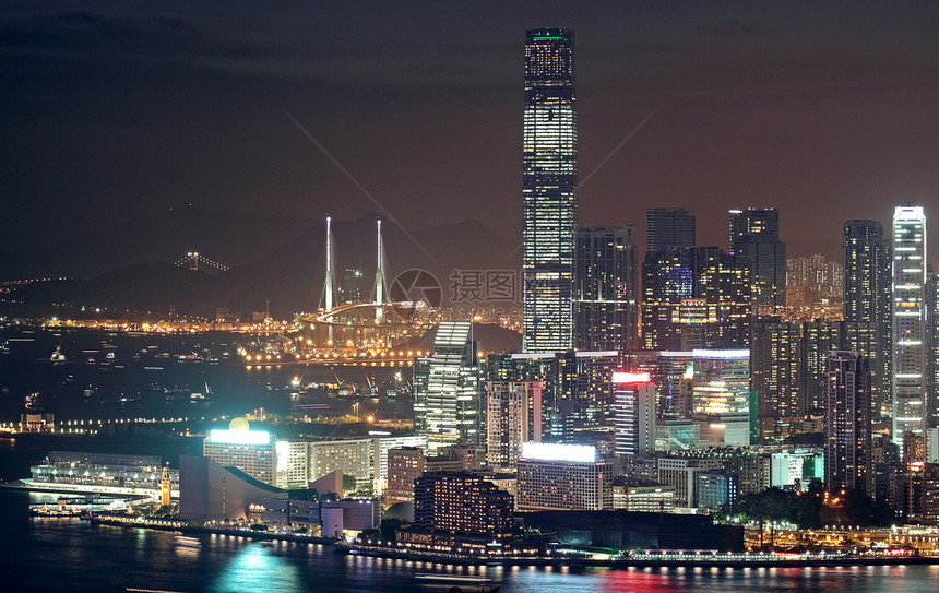 晚上在香港旅行建造日落玻璃商业办公室建筑天际市中心蓝色图片