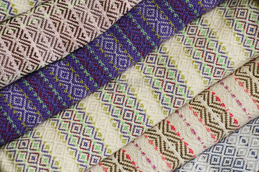 泰国传统东南小岛的有色纺织业 泰国丝绸刺绣帆布材料正方形零售裙子寝具用品格子图片