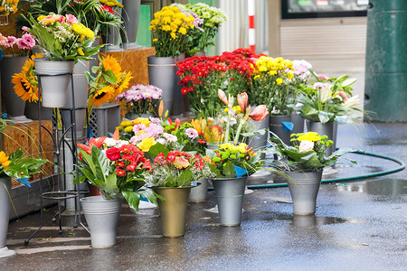 花朵市场上的鲜花花园特丹向日葵薰衣草花瓶街道销售价格店铺季节性背景