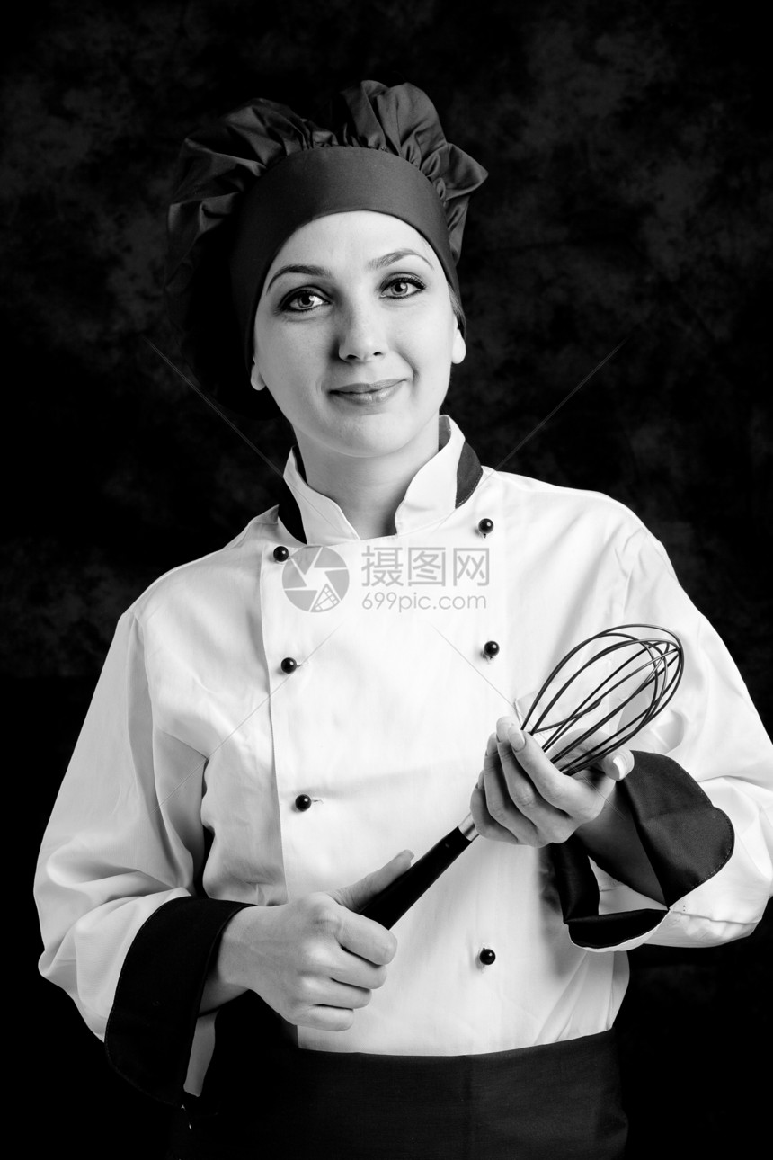 带鞭子的厨师帽子成功烹饪红色食物自信工具夹克工作玻璃图片