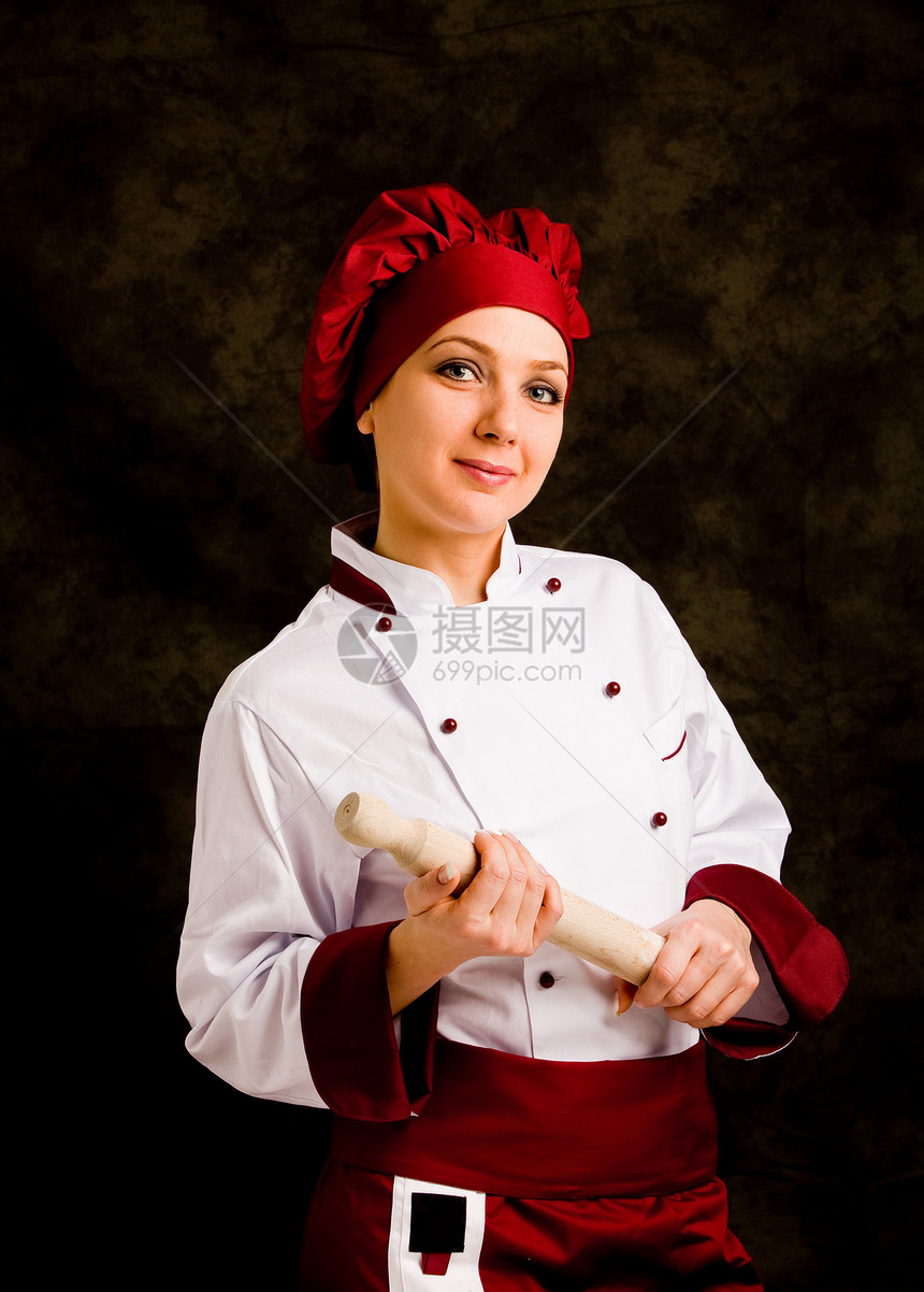 带滚动针的厨师工作夹克白种人食物红色烹饪职业擀面杖女士帽子图片