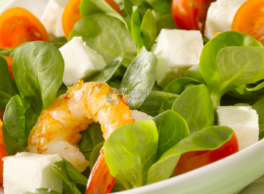 虾沙拉食品海鲜特写艺术绿色裁剪镜头生活方式午餐圆形图片