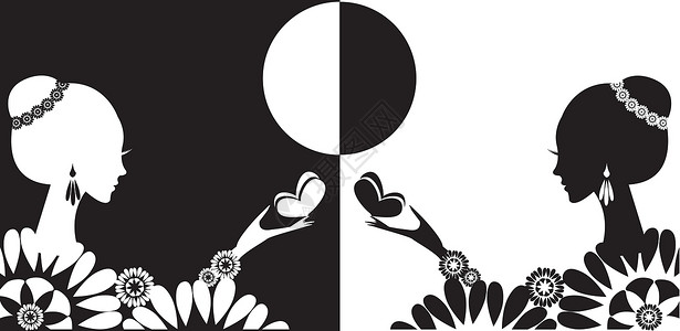象征女士圆圈文化宗教绘画插图黑色女孩白色蝴蝶背景图片