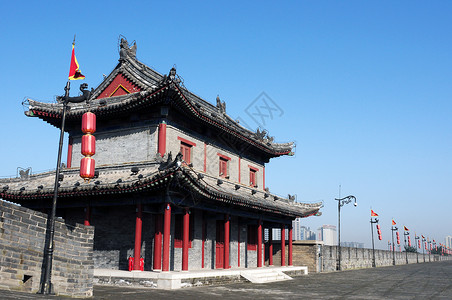 中国西安古城墙旅游历史性地标城堡中心天空灯笼文化建筑旅行背景图片