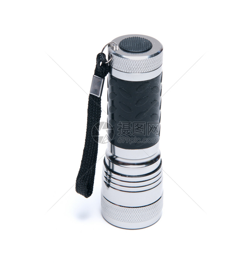 孤立的便携式金属火炬工具聚光灯橡皮灯笼灯光圆形技术黑色白色口袋图片