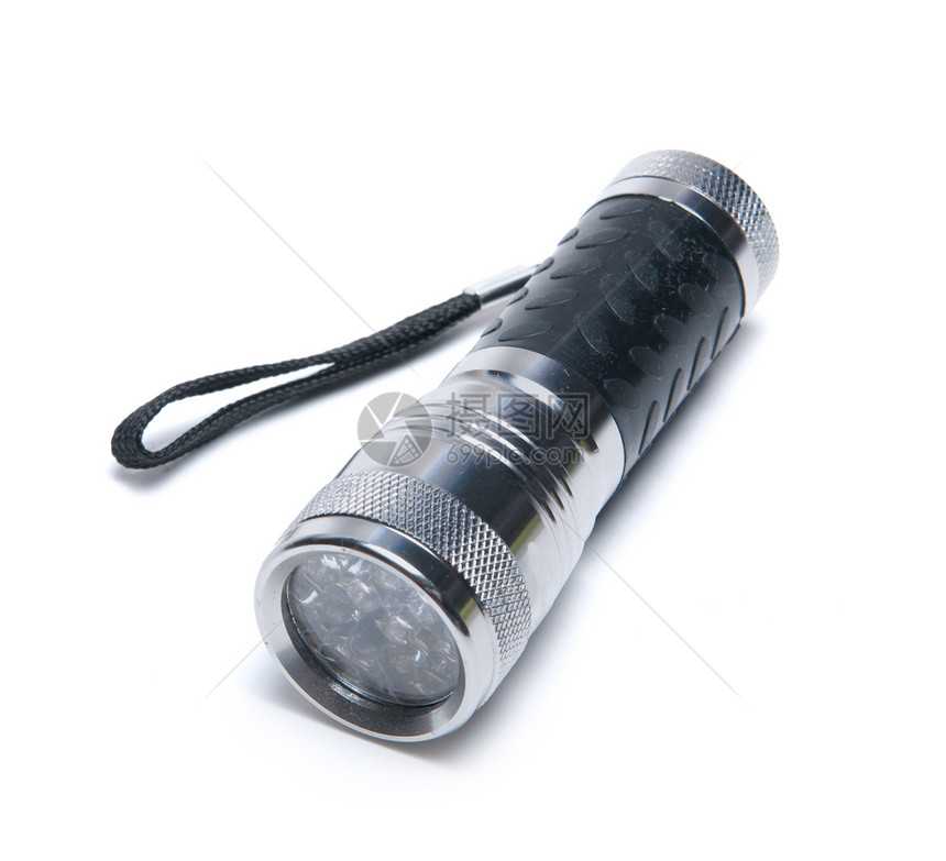 孤立的便携式金属火炬白色灯光橡皮圆形技术黑色口袋崎岖工具聚光灯图片