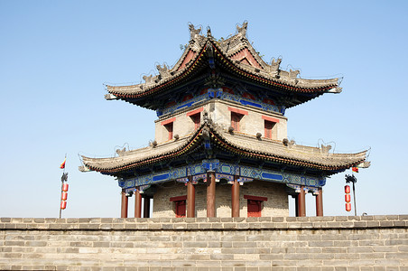 中国西安古城墙文化地标建筑中心城市灯笼建筑学蓝色观光历史背景图片