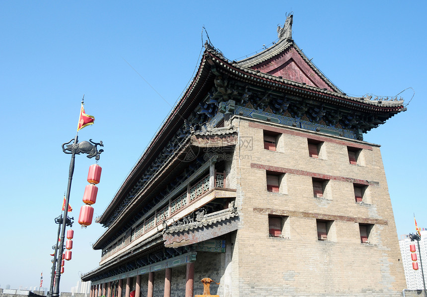 中国西安古城墙灯笼建筑地标历史中心城市建筑学旅游蓝色旅行图片