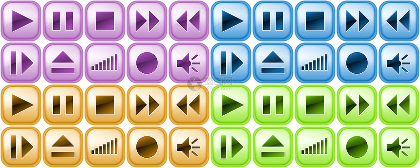 音乐播放器的一组按钮浅蓝色喷射体积倒带玩家记录紫色绿色青铜音乐图片