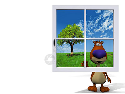 卡通棕熊蓝窗后面的一面背景