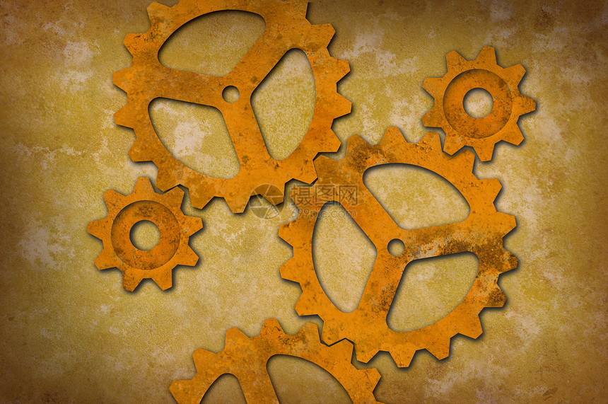 面对黄黄色背景的腐烂齿轮苦恼机器杂色机械金属工业图片